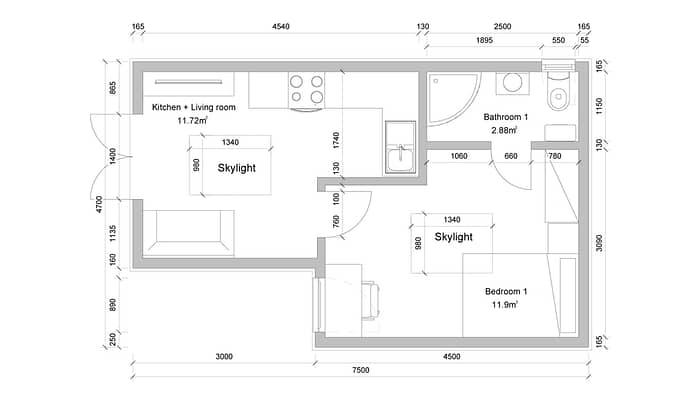 1 Bed J1 - 7.5m x 4.7m